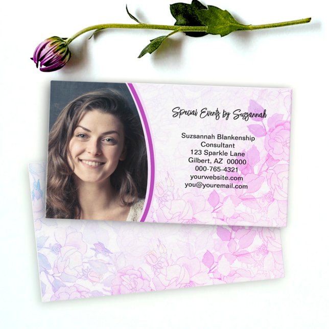 Professional Pink Floral Background Custom Photo  Business Card (front and back pastel floral background business card)