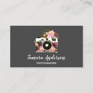 Professional Pink Floral Camera Photographer Grey Business Card