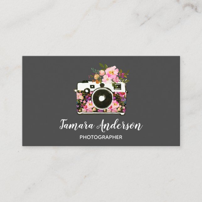 Professional Pink Floral Camera Photographer Grey Business Card (Front)