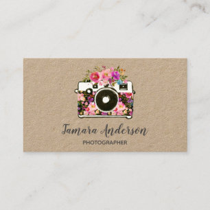 Professional Pink Floral Camera Photographer Kraft Business Card