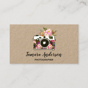 Professional Pink Floral Camera Photographer Kraft Business Card