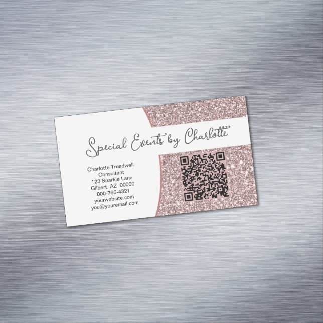 Professional Pink Glitter Custom QR Code Magnetic Business Card (In Situ)