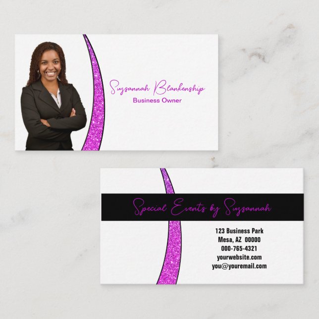 Professional Pink Sliver of Faux Glitter Photo QR Business Card (Front/Back)