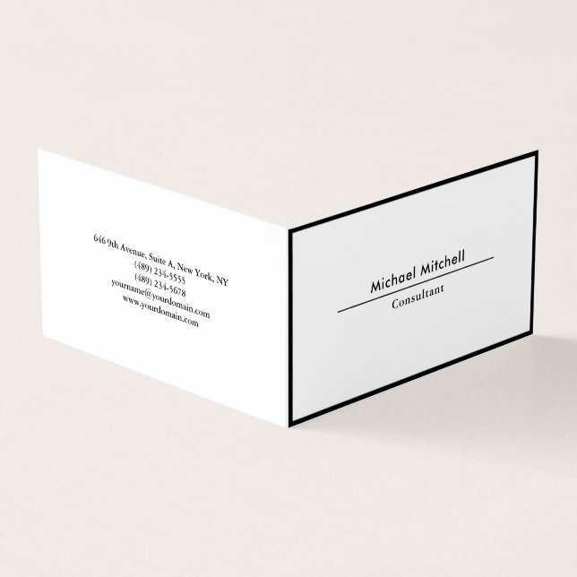 Professional Plain Elegant Black White Border Business Card (Outside)