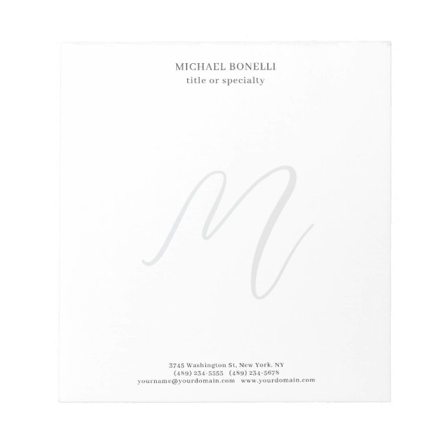 Professional Plain Modern Minimalist Monogrammed Notepad (Front)