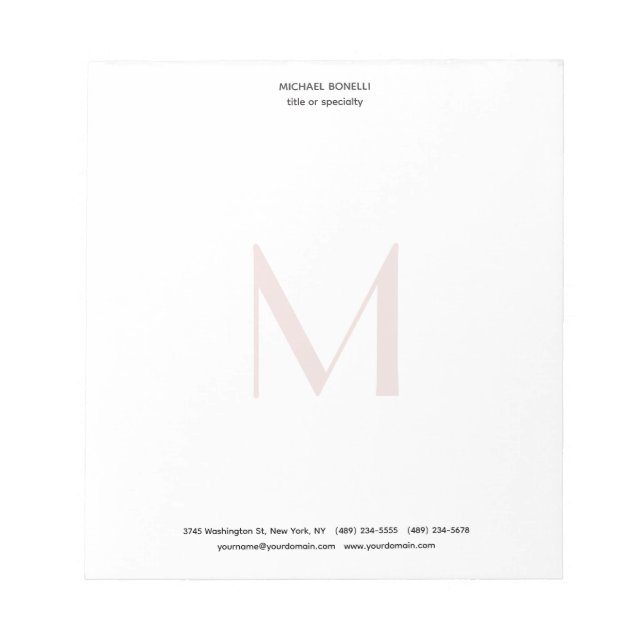 Professional Plain Modern Minimalist Monogrammed Notepad (Front)