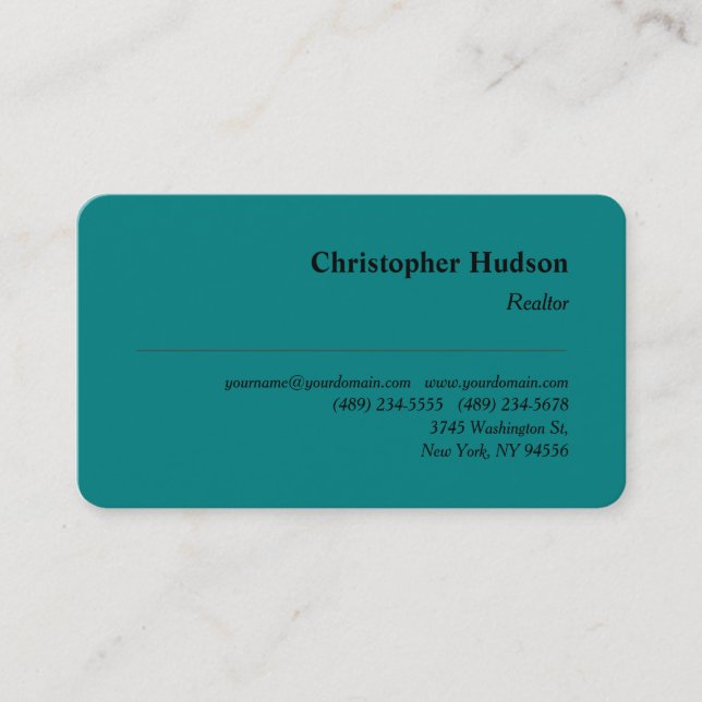 Professional Plain Realtor Real Estate Teal Blue Business Card (Front)
