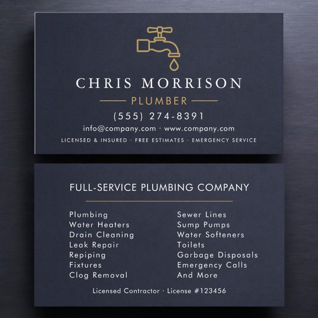 Professional Plumber Navy Blue Gold Minimalist Business Card (Creator Uploaded)