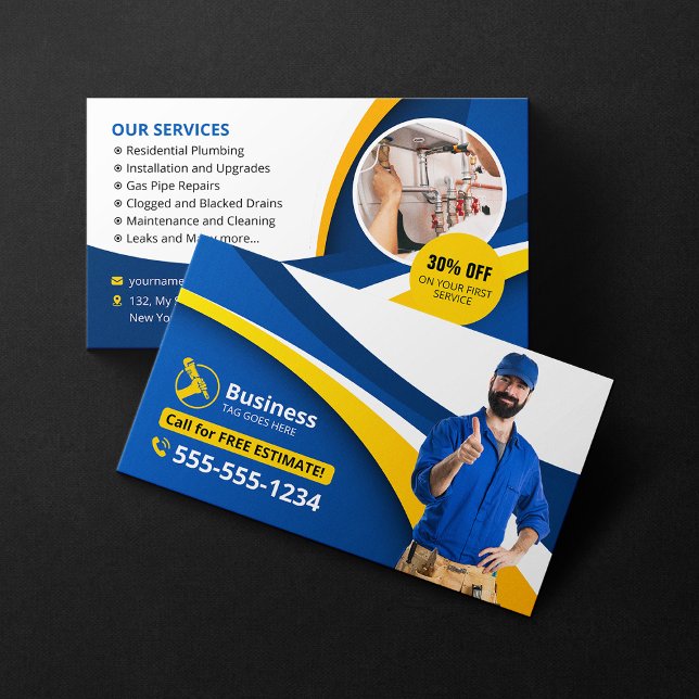 Professional Plumber Plumbing Contractor Blue Business Card (Creator Uploaded)