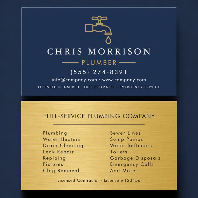 Professional Plumbing Service Plumber Navy Blue Business Card (Creator Uploaded)