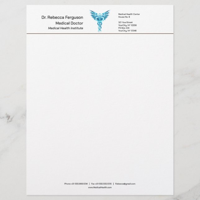 Professional Precious Medical Blue Caduceus Custom Letterhead (Front)