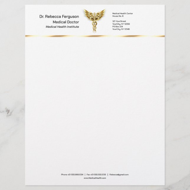 Professional Precious Medical Gold Caduceus Custom Letterhead (Front)