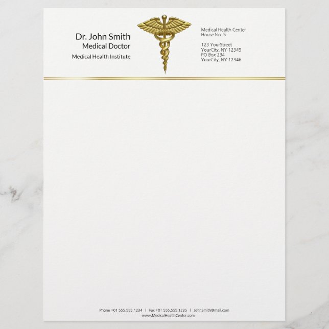 Professional Precious Medical Gold Caduceus Custom Letterhead (Front)