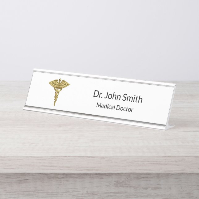Professional Precious Medical Gold Caduceus Desk Name Plate (Front)