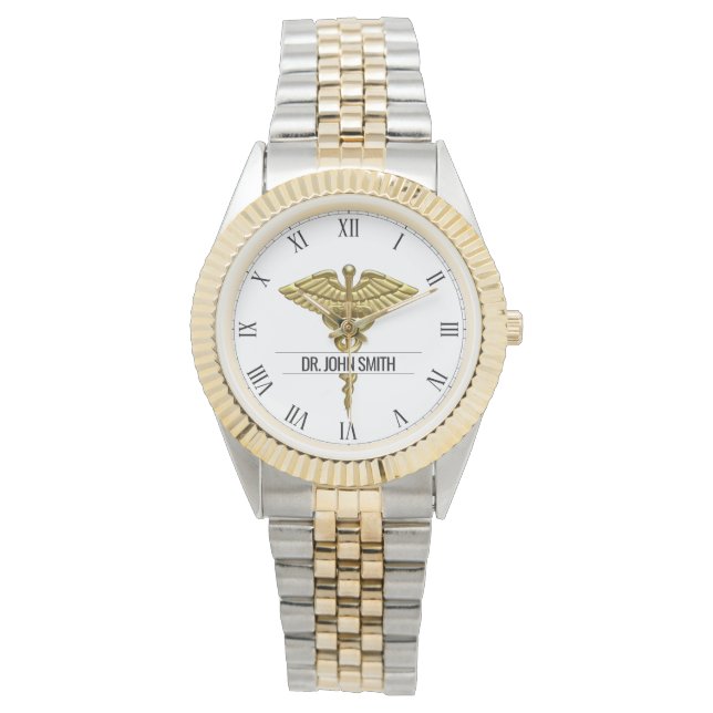 Professional Precious Medical Gold Caduceus Name Watch (Front)