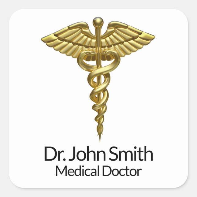 Professional Precious Medical Gold Caduceus Square Sticker (Front)