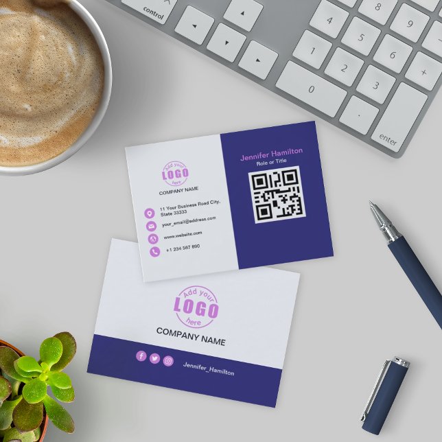 Professional Purple add your Logo QR Code Business Card (Creator Uploaded)