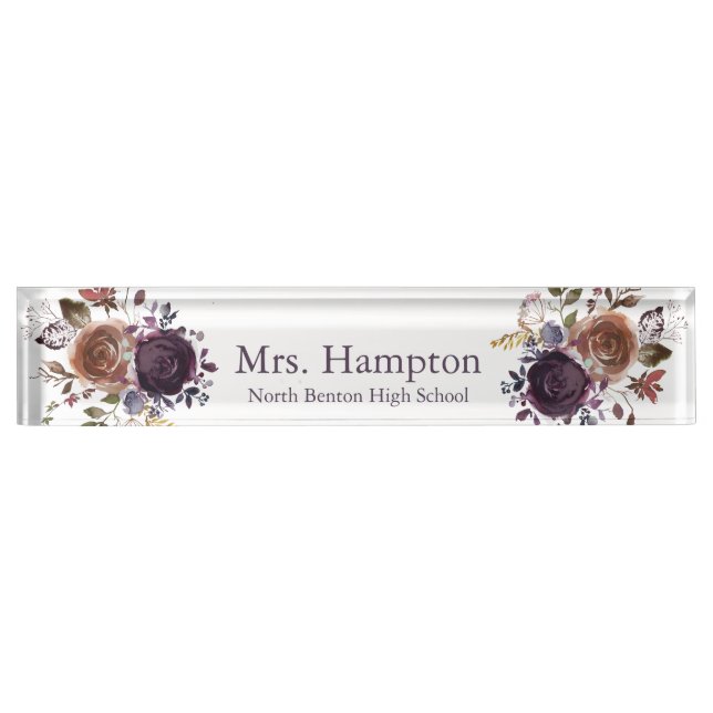 Professional Purple and Gold Floral Teacher Nameplate (Front)