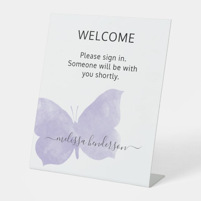 Professional Purple Butterfly Welcome Office Pedestal Sign (Front)
