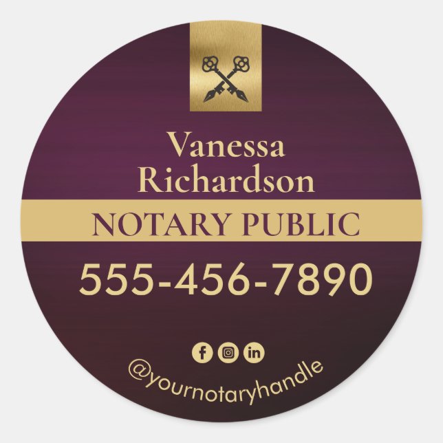Professional Purple & Gold Notary Marketing Classic Round Sticker (Front)