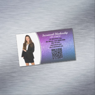 Professional Purple Ombre Glitter Custom Photo QR  Magnetic Business Card