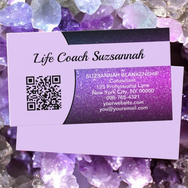 Professional Purple Ombre Glitter QR Code Business Card (template front business card design)