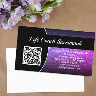 Professional Purple Ombre Glitter QR Code Custom Business Card