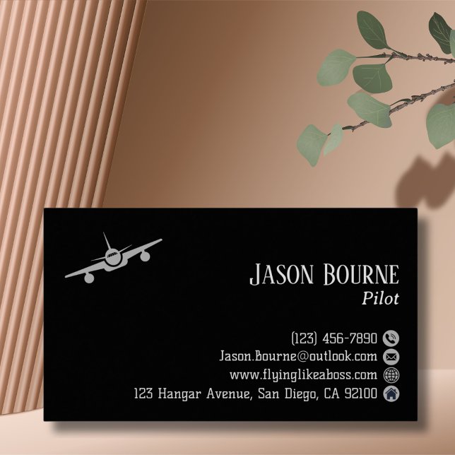 Professional QR Code,Aviation, Modern Black Silver Business Card (Creator Uploaded)