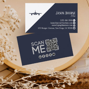 Professional QR Code Aviation Navy Blue Minimalist Business Card