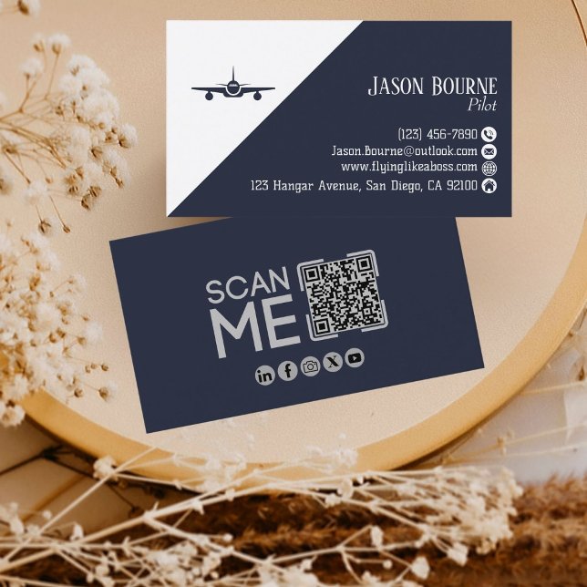 Professional QR Code Aviation Navy Blue Minimalist Business Card (Creator Uploaded)