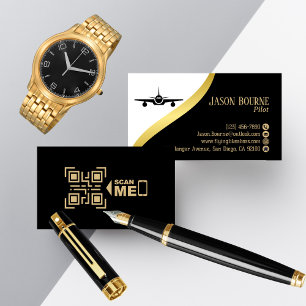 Professional QR Code Black Gold Pilot Minimalist Business Card