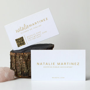 Professional QR Code Elegant White And Gold Script Business Card
