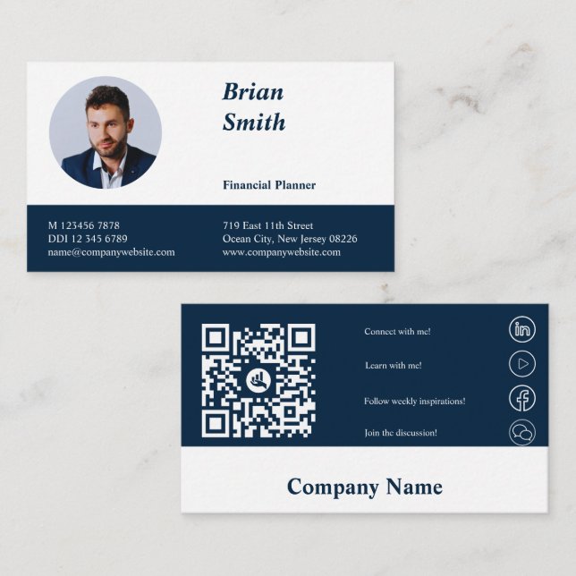 Professional QR Code Financial Planner Blue  Business Card (Front/Back)
