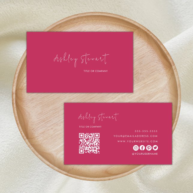 Professional Qr Code Modern Minimalist Hot Pink Business Card (Creator Uploaded)
