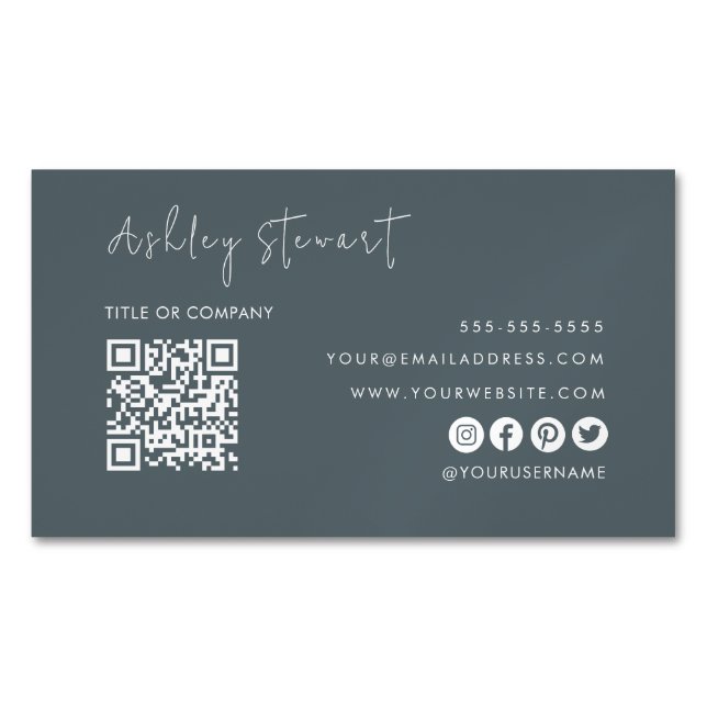 Professional Qr Code Modern Minimalist Navy Magnetic Business Card (Front)