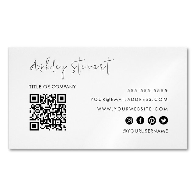 Professional Qr Code Modern Minimalist White Magnetic Business Card (Front)