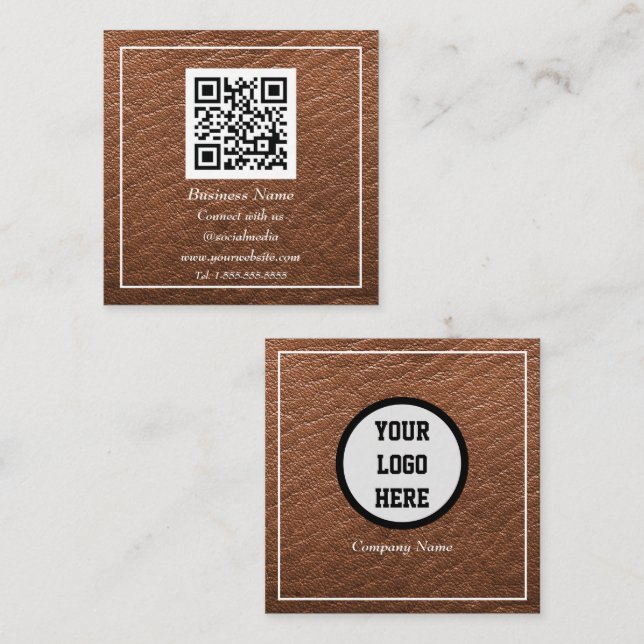 Professional QR Code Scannable Brown Leather Square Business Card (Front/Back)