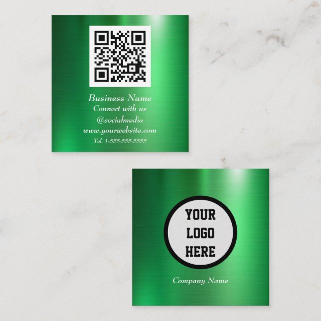 Professional QR Code Scannable Green Metallic Square Business Card (Front/Back)