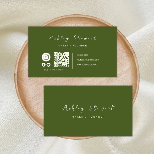 Professional Qr Code Social Media Moss Green Business Card (Creator Uploaded)