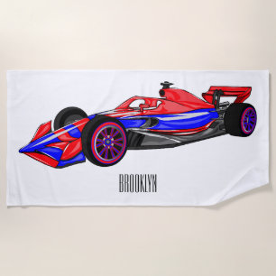Professional racing car cartoon illustration beach towel