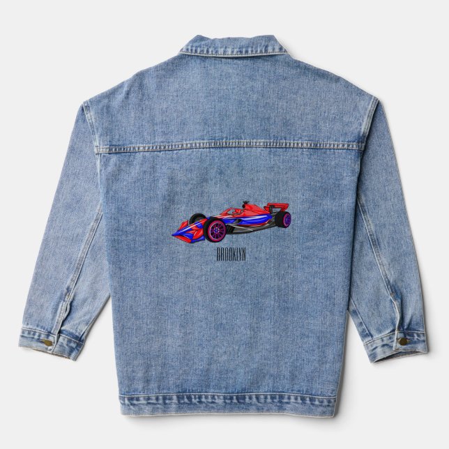 Professional racing car cartoon illustration denim jacket (Back)
