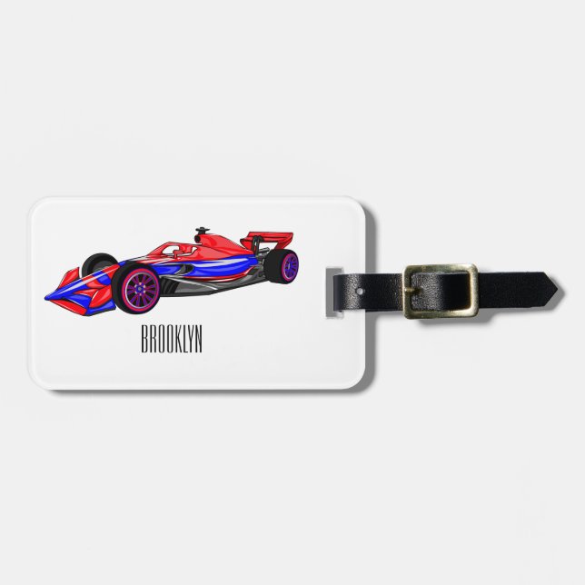 Professional racing car cartoon illustration luggage tag (Front Horizontal)