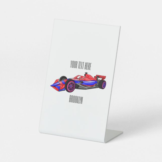 Professional racing car cartoon illustration pedestal sign (Front)