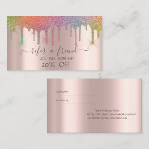 Professional Rainbow Glitter Drip Rose Gold Referral Card