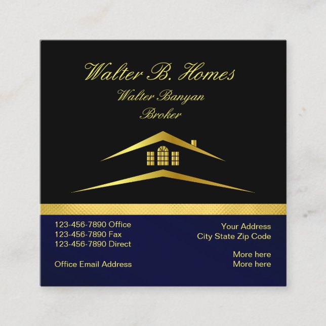 Professional Real Estate Broker Agent Gold & black Square Business Card (Front)