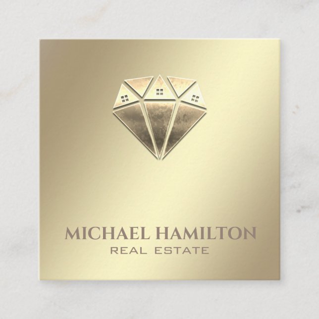 Professional real estate gold diamond house logo square business card (Front)