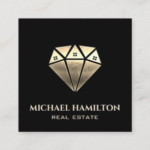 Professional real estate gold diamond house logo square business card