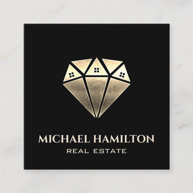 Professional real estate  gold diamond house logo square business card (Front)