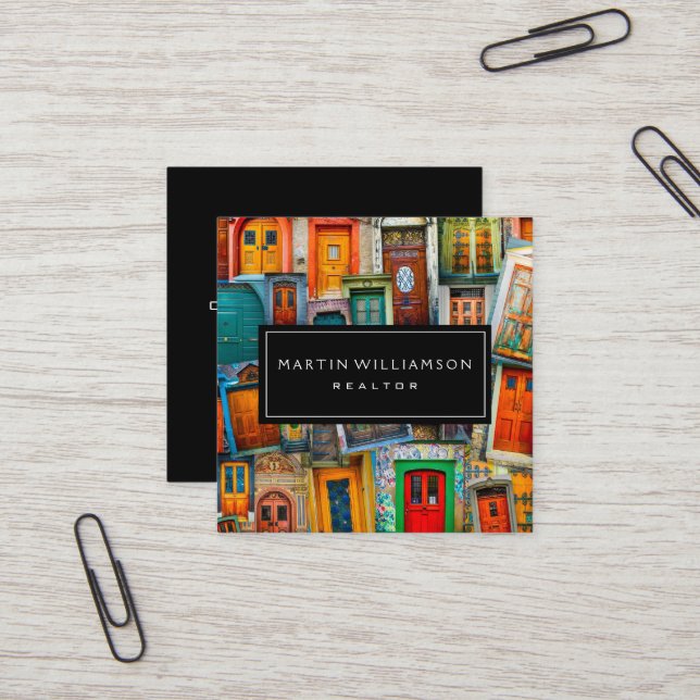 Professional Real Estate Modern Classic Doors Square Business Card (Front/Back In Situ)
