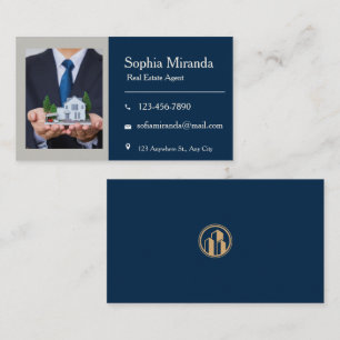 Professional Realtor Photo Navy Blue Gold Business Card